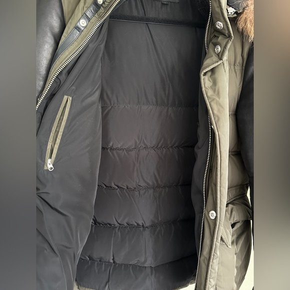 Mackage Gavin Army Green Down Coat with Leather Sleeves and Fur Hood - Picture 7 of 13
